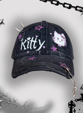 朋克少女~个性甜酷鸭舌帽女显脸小水洗黑色棒球帽kitty铆钉帽子