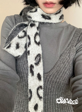 秋冬毛茸茸柔软细窄长条围脖保暖氛围感博主双面豹纹y2k辣妹围巾