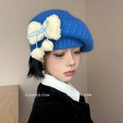 ola少女心自制蝴蝶结贝雷帽