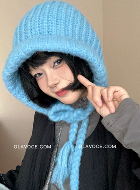 蓝色显白秋冬保暖毛线帽女大头围针织雷锋帽护耳防寒巴拉克拉法帽