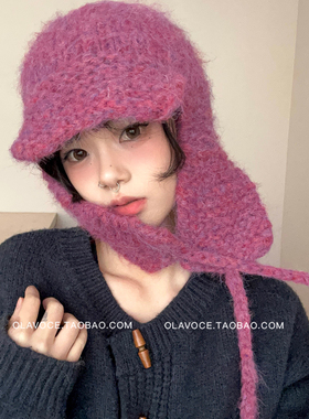 梅紫色冬保暖护耳毛绒针织帽女系带包头毛线帽显脸小防寒雷锋帽子