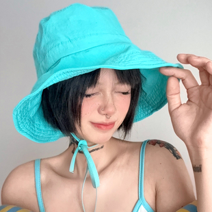 湖绿色渔夫帽女大檐遮阳帽显脸小多巴胺防晒帽春夏季户外速干帽子