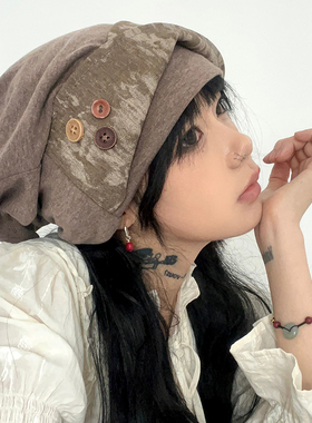 ola原创自制艺术堆堆帽复古废土风扎染包头帽女显脸小冷淡风帽子