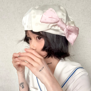 ola原创奶油风蝴蝶结波点贝雷帽女显脸小少女画家帽可爱白色帽子