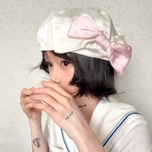 ola原创奶油风蝴蝶结波点贝雷帽女显脸小少女画家帽可爱白色帽子