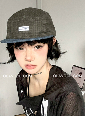日系工装格纹拼色鸭舌帽平檐遮阳防晒棒球帽女2025春夏五片帽子男