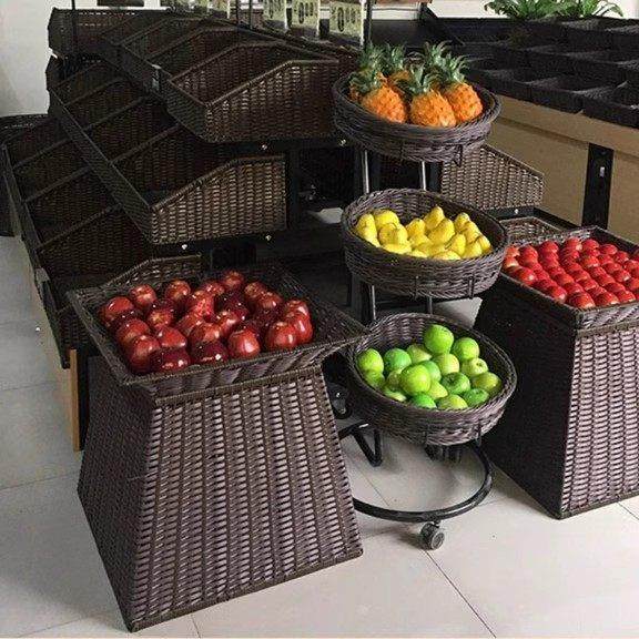 藤编菜筐梯形篮子藤编斜口篮蔬菜货架水果美陈篮子仿藤篮斜藤编筐