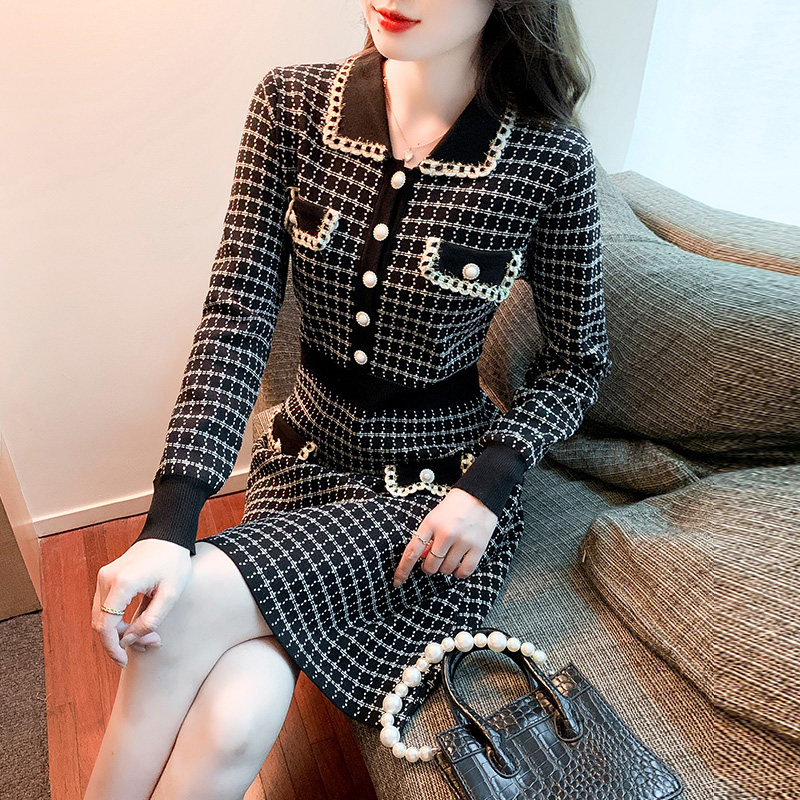 polo小香风长袖格子针织连衣裙秋装2022新款女法式气质名媛毛衣裙