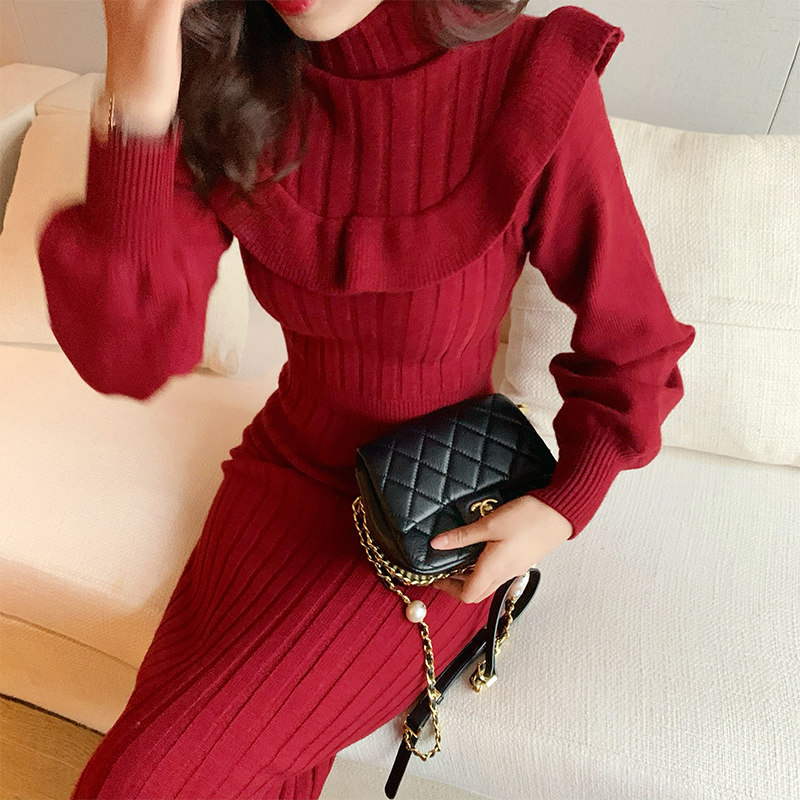 本命年过年喜庆女装时尚新年战袍跨年拜年衣服红色针织连衣裙秋冬