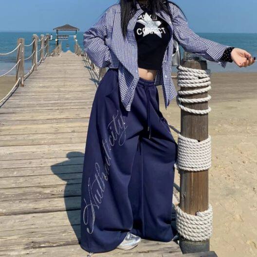 美式复古街头爵士舞休闲运动卫裤男女设计感字母烫钻宽松直筒长裤