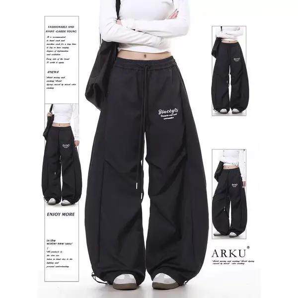 美式复古高街褶皱伞兵弯刀卫裤男女夏季薄款阔腿宽松休闲运动长裤