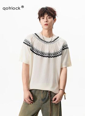 夏季费尔岛针织短袖T恤男女复古正肩慵懒风松弛设计感半袖t恤上衣