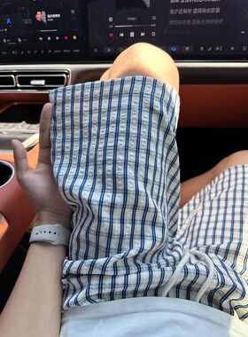 蓝色泡泡纱格子短裤男女夏季薄款拼接设计感直筒休闲阔腿五分裤子