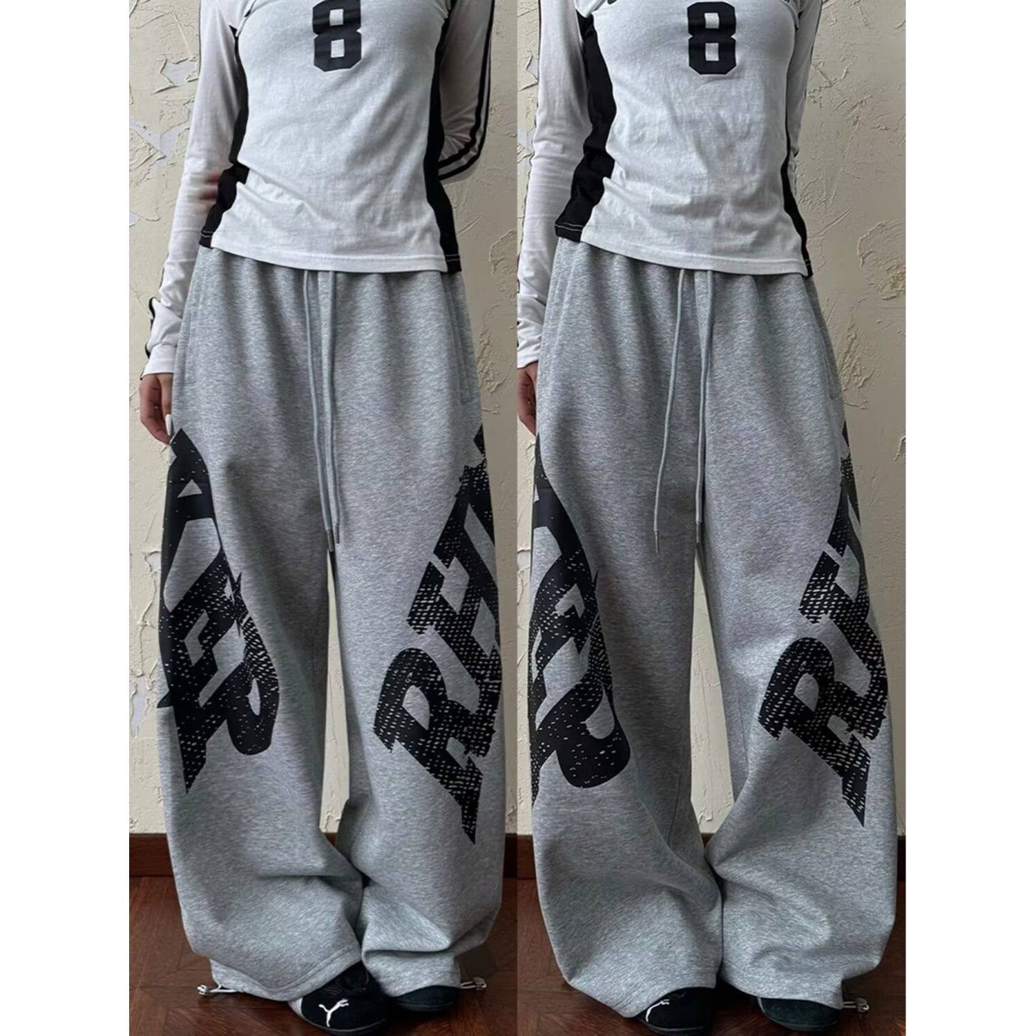 美式复古设计感字母印花灰色卫裤男女春秋宽松爵士舞运动阔腿长裤