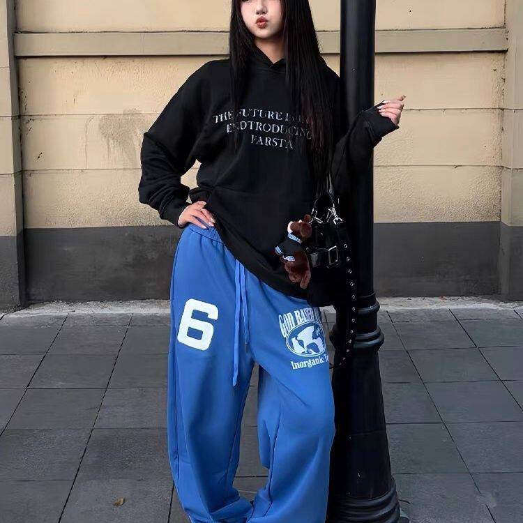 美式复古字母刺绣弯刀卫裤春秋季男女慵懒风休闲宽松直筒阔腿长裤