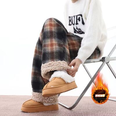 美式复古格纹加厚阔腿裤男女秋冬季重磅宽松慵懒风直筒裤休闲裤子