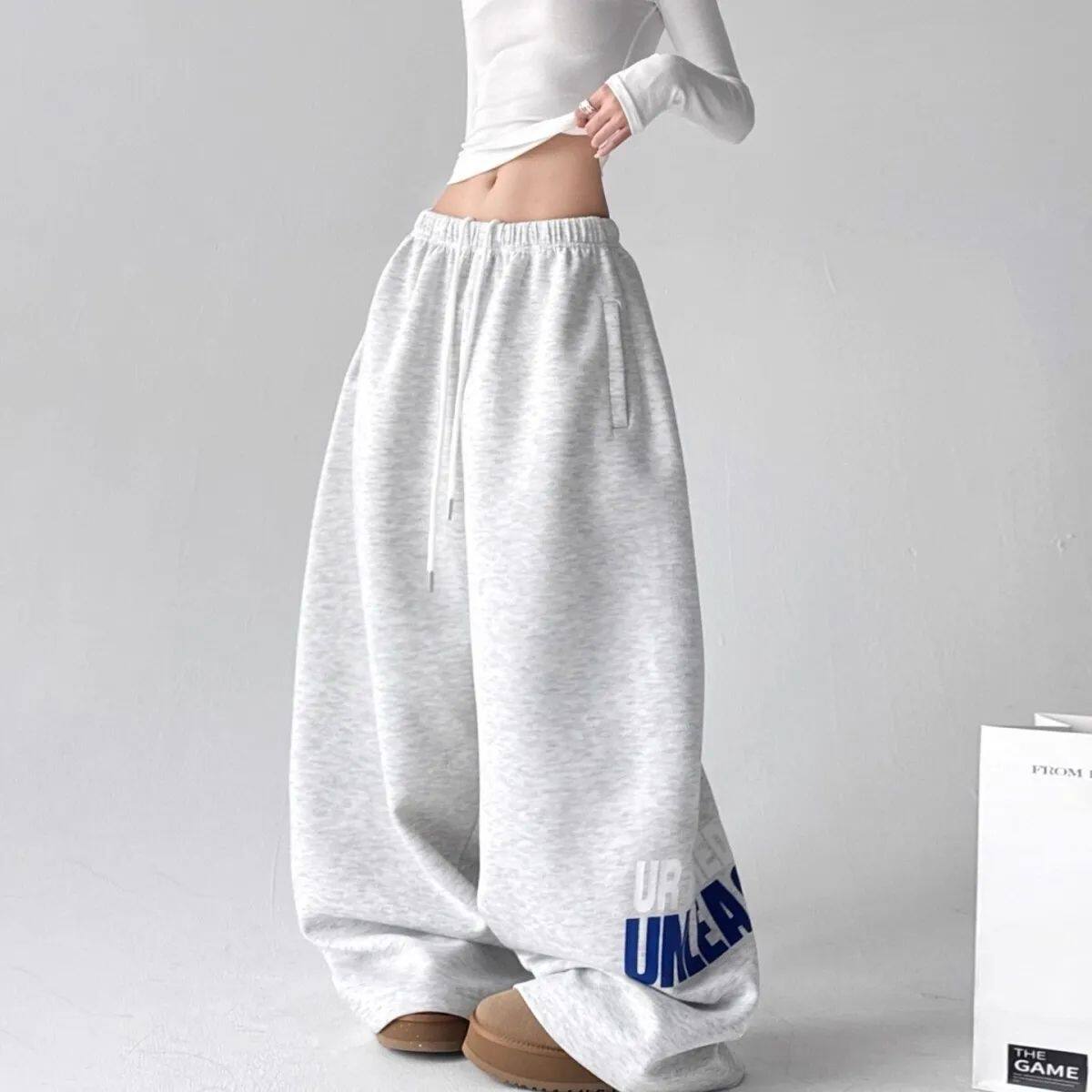 美式复古新款街舞运动风松紧腰卫裤春秋季男女宽松阔腿休闲长裤子