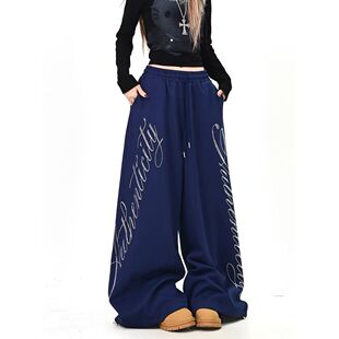 美式复古烫钻字母设计感弯刀卫裤男女同款小众设计感爵士舞阔腿裤