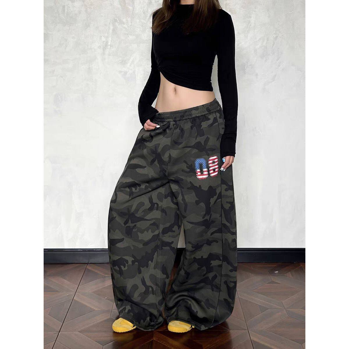 美式复古街头迷彩工装爵士舞卫裤男女春秋季宽松直筒休闲阔腿长裤