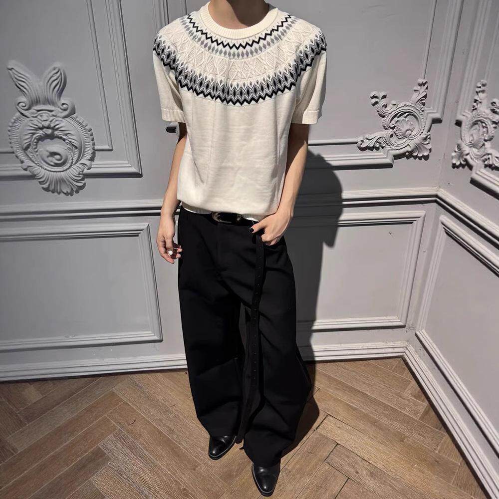 美式复古费尔岛针织衫短袖男女夏季薄款圆领透气高级感插肩袖T恤