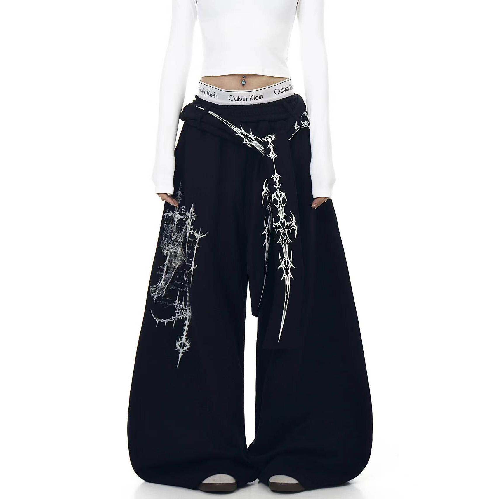 美式复古街舞卫裤男女图腾印花飘带高街宽松弯刀跳舞运动休闲长裤