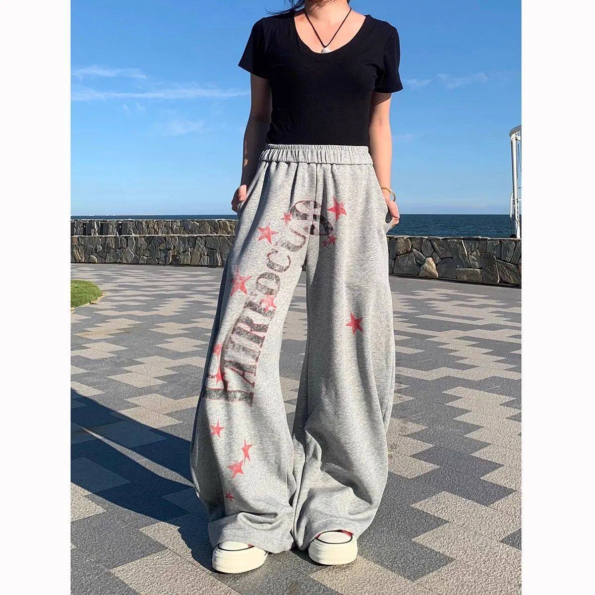 美式星星字母印花弯刀卫裤男女春秋季新款宽松休闲阔腿运动长裤子