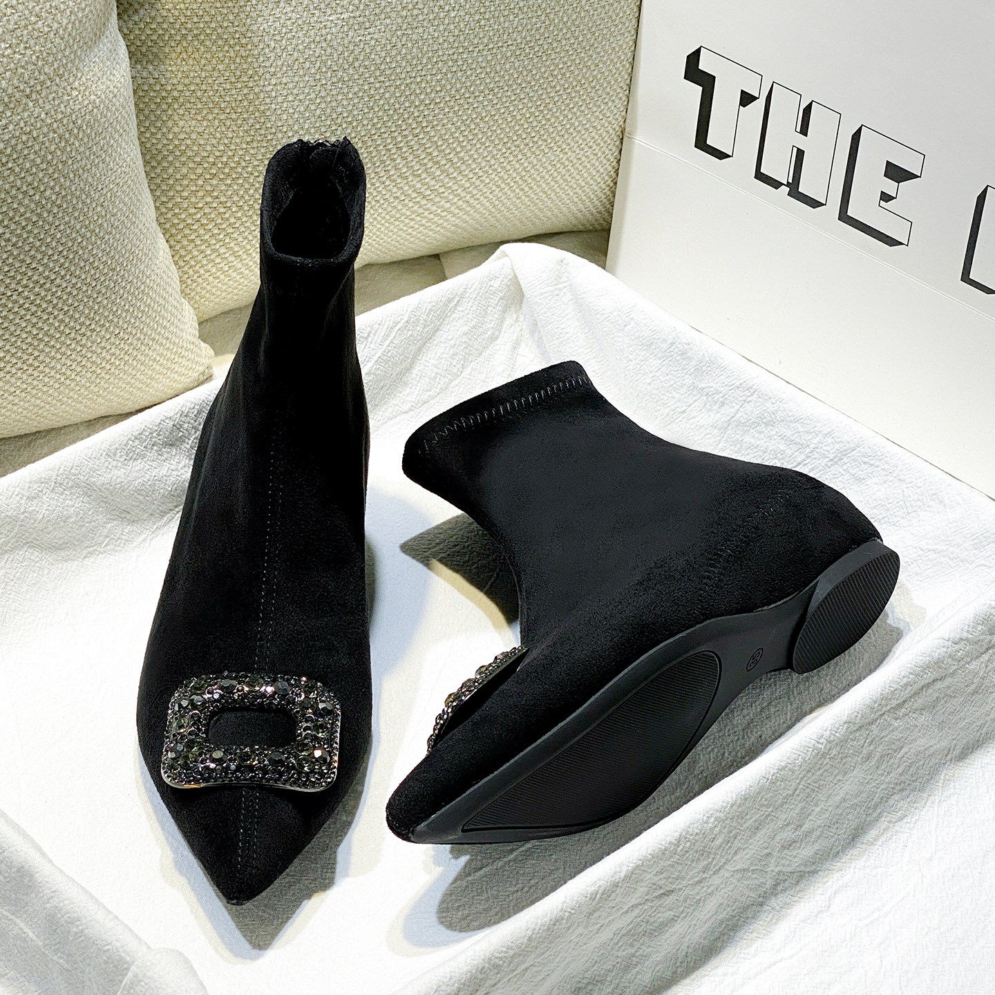 黑色水钻尖头短靴女2025冬季新款气质绒面内增高百搭弹力靴瘦瘦靴,女鞋,弹力靴/袜靴,淘宝优惠券,粉丝福利购,淘宝优惠卷