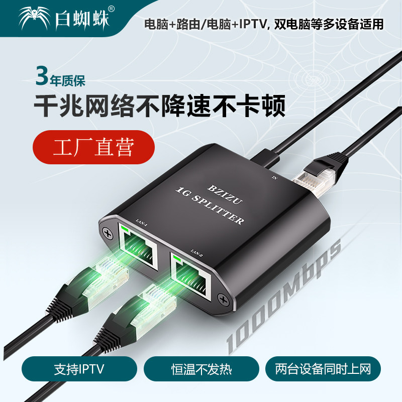 白蜘蛛芯片级千兆支持IPTV/IGMP网络分线器一进二出网线一分二同时上网集线器3口1分2交换机一拖二2口