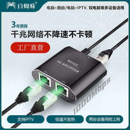 白蜘蛛芯片级千兆支持IPTV/IGMP网络分线器一进二出网线一分二同时上网集线器3口1分2交换机一拖二2口