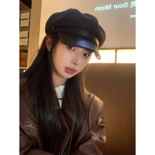 休闲鸭舌帽网红女毛呢复古秋冬
