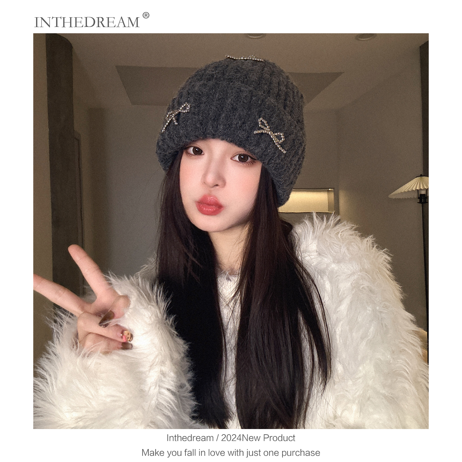 韩国博主同款蝴蝶结针织毛线帽秋冬ins大头围百搭时尚护耳冷帽女