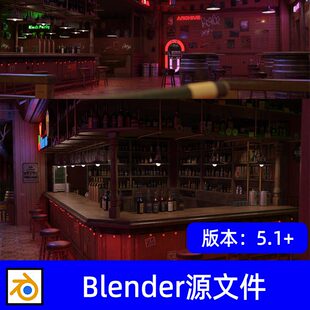Blender美式西部复古霓虹酒吧前厅中心吧台台球桌酒吧场景3D模型
