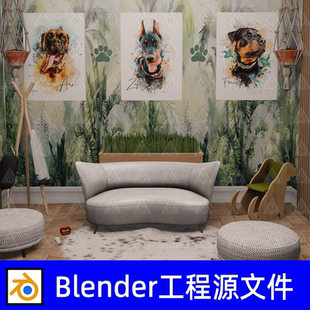 Blender动物宠物庇护所迎宾室接待室狗狗壁画小玩具沙发地毯