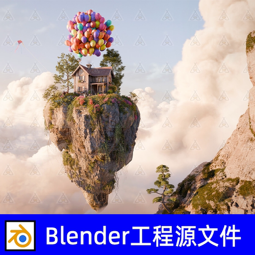 blender奇幻漂浮岛屿场景气球小屋飞过云层悬崖小屋模型工程文件