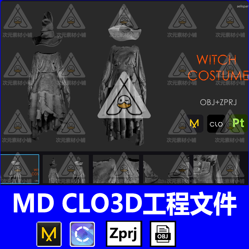 MD女巫服装万圣节套装模型CLO3D服装打版源文件3D模型素材obj