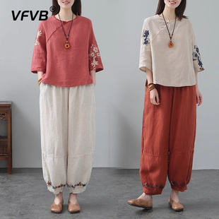 薄款 棉麻时尚 新款 套装 复古女士妈妈亚麻中国风民族风女 女2024夏季