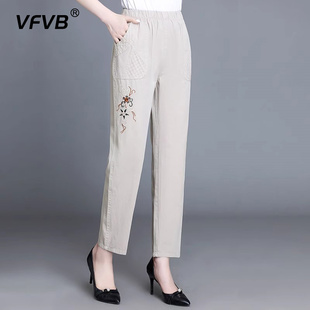 子2025夏季 绣花中年九分裤 纯棉妈妈裤 新款 休闲全棉中老年女裤 薄款