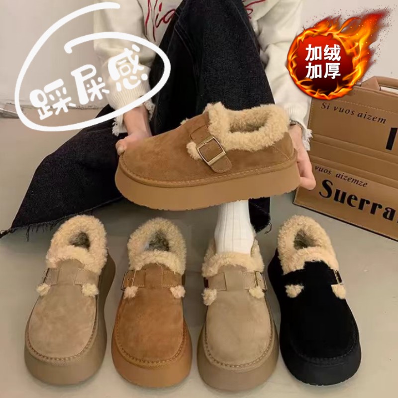 秋冬季厚底勃肯鞋女款加绒靴2025新款一脚蹬豆豆鞋41码1202n