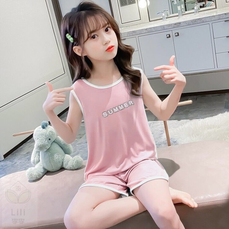 儿童睡衣女童夏季薄款莫代尔棉背心短裤中大童男宝宝冰丝无袖套装