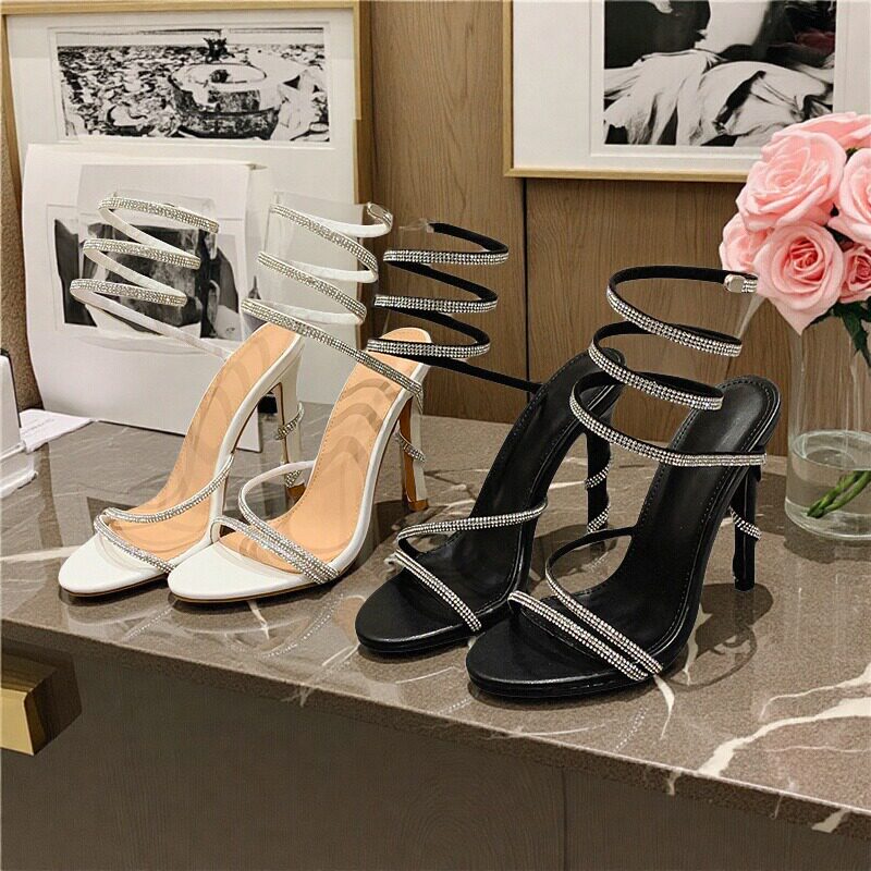 网红仙女风缠绕细跟凉鞋女外贸2023年新款夏季时尚蛇形水钻高跟鞋