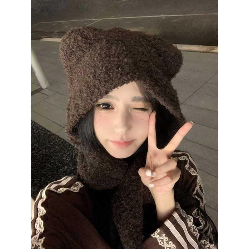 小熊帽可爱冬季帽子围巾一体