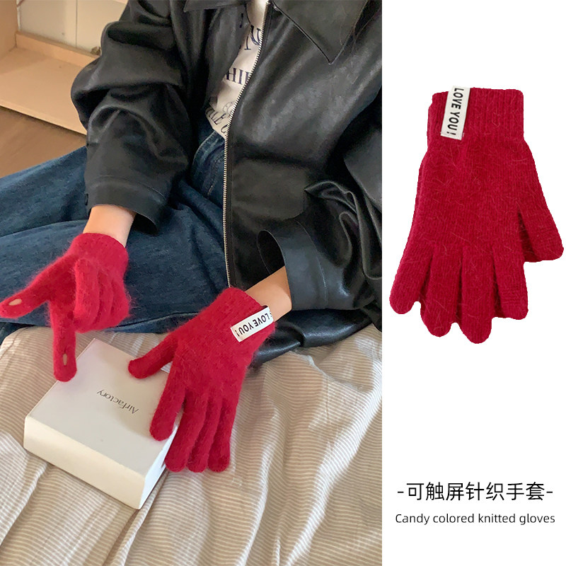 2025新款兔毛针织手套女冬季韩版ins保暖五指手套防寒骑行可触屏