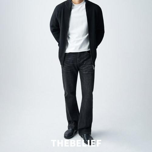 复古黑灰色加绒微喇牛仔裤