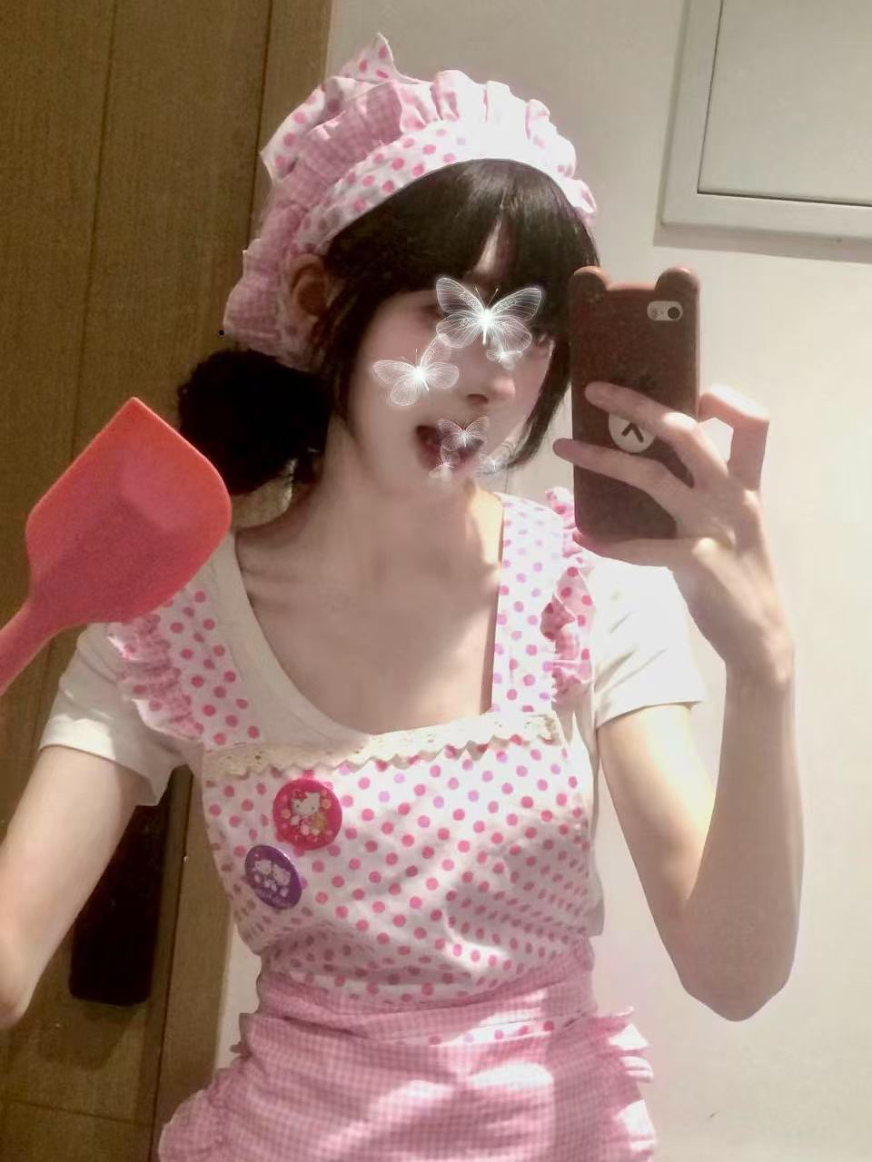 新款甜美小厨娘围裙套装可爱少女防水围裙花边波点绑带家用围裙