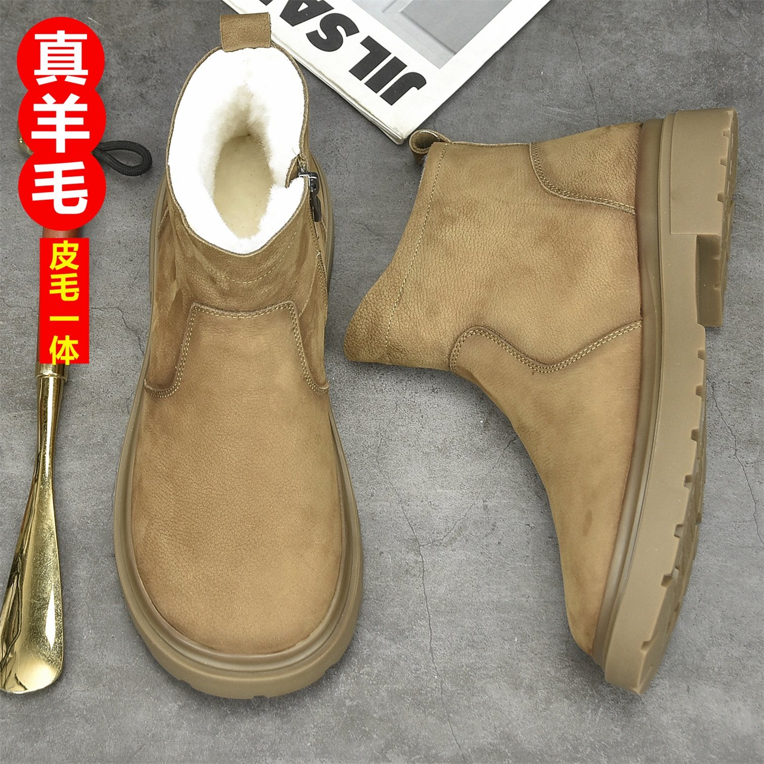 高帮冬季真皮男鞋宽头马丁靴皮毛一体保暖羊毛短靴复古男士棉皮鞋,流行男鞋,时尚雪地靴,淘宝优惠券,粉丝福利购,淘宝优惠卷