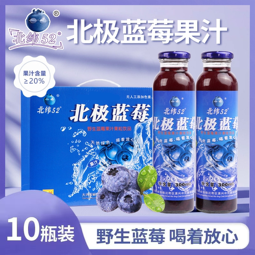北纬52北极蓝莓漠河野生蓝莓汁花青素大兴安岭300ml*10瓶果汁礼盒