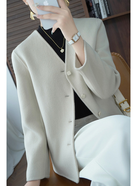 秋冬新款双面羊绒大衣女短款宽松毛呢外套无领羊毛小个子双面呢子