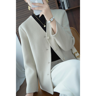 秋冬新款双面羊绒大衣女短款宽松毛呢外套无领羊毛小个子双面呢子