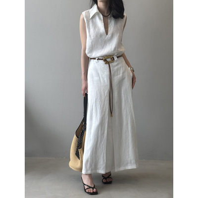 言双 高级感亚麻无袖套装女 夏季韩版V领衬衫长款a字半身裙8050