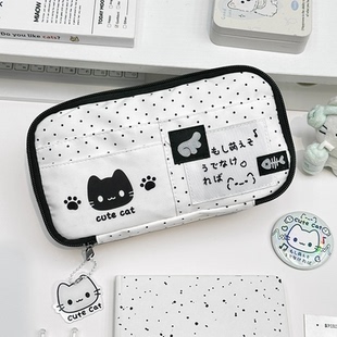 ins简约风黑白波点小猫笔袋小众高颜值大容量学生女生铅笔文具盒